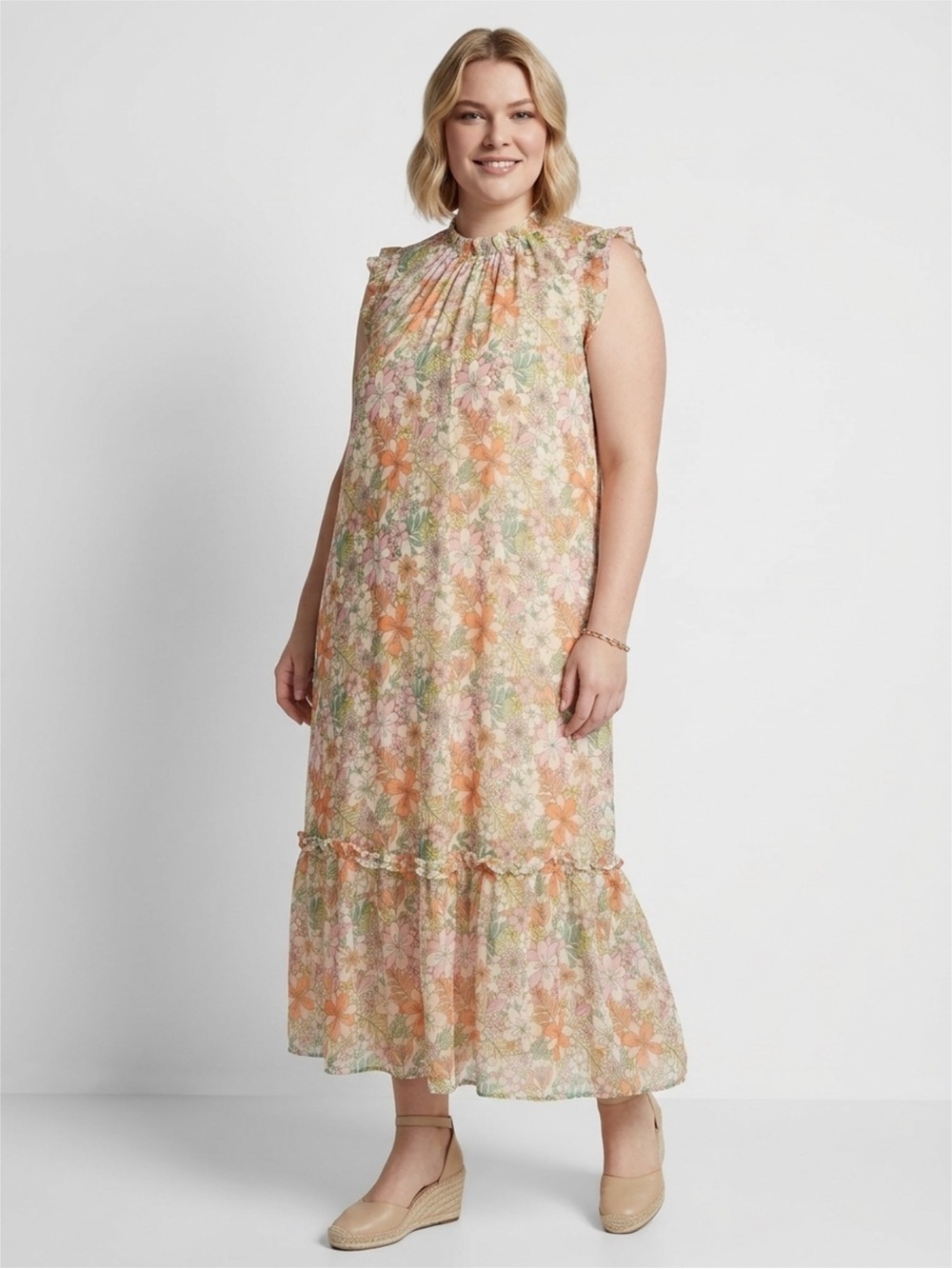 CeCe Peach Floral Ruffled Sleeveless Maxi Dress